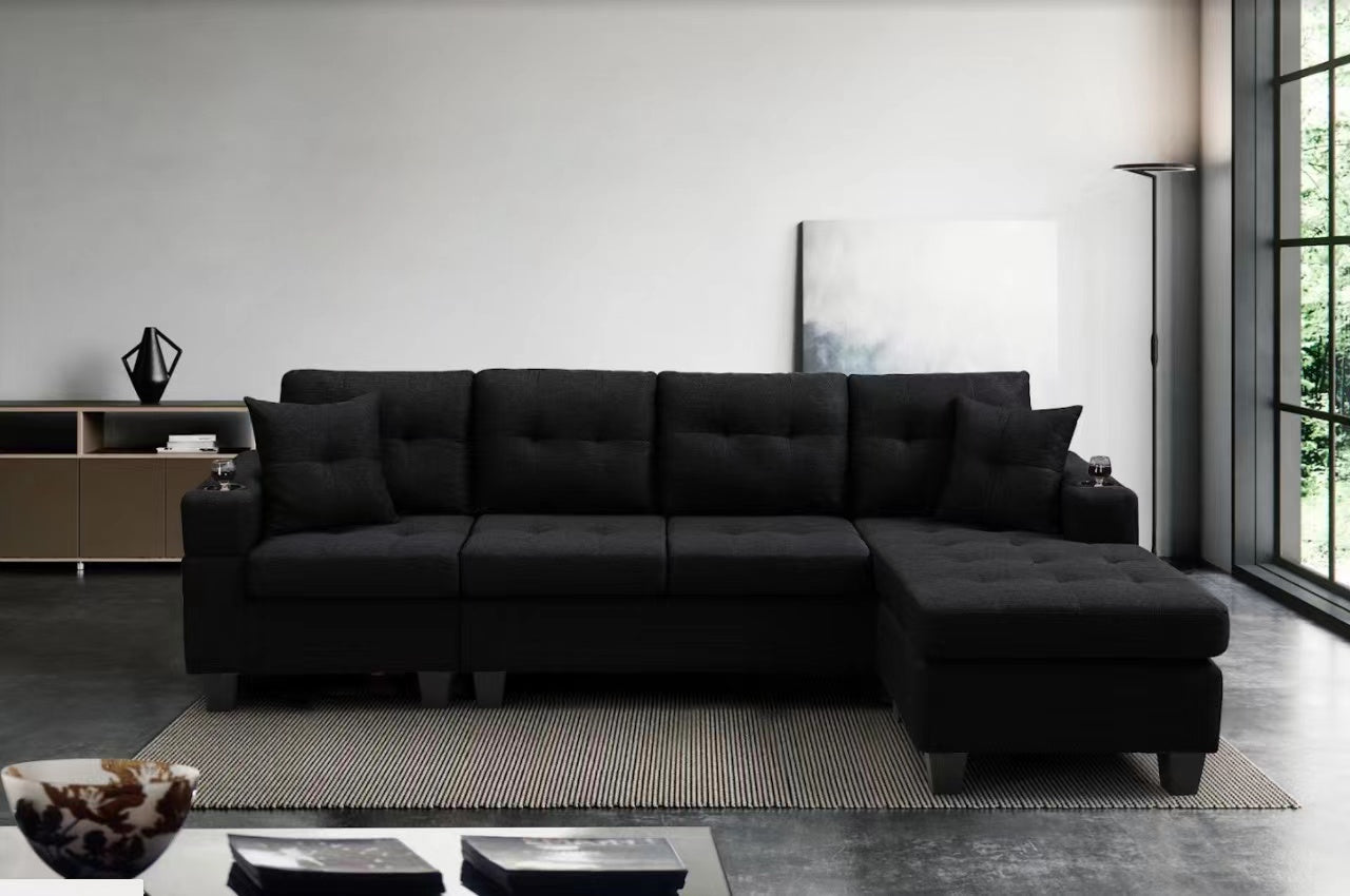 tufted black fabric sectional sofa with chaise lounge