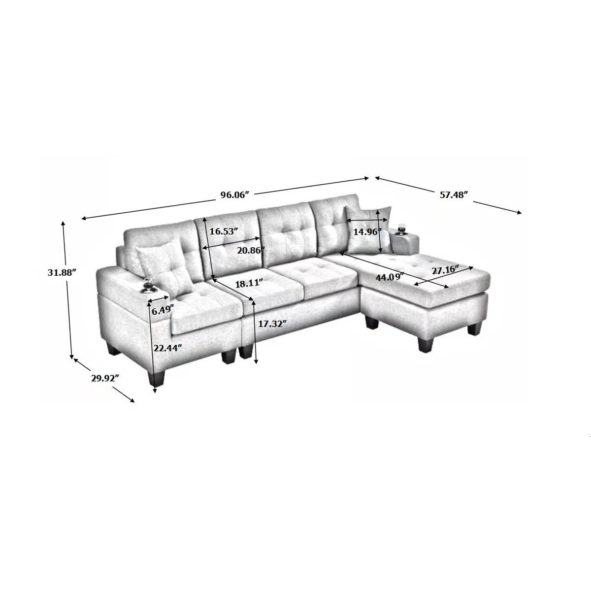 Light gray sectional sofa with chaise lounge and cup holder