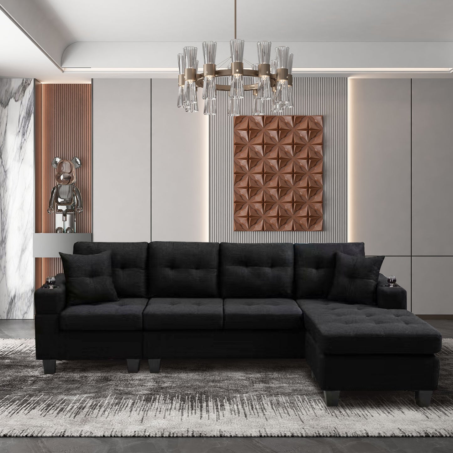 Tufted black fabric sectional sofa with chaise lounge and modern decor