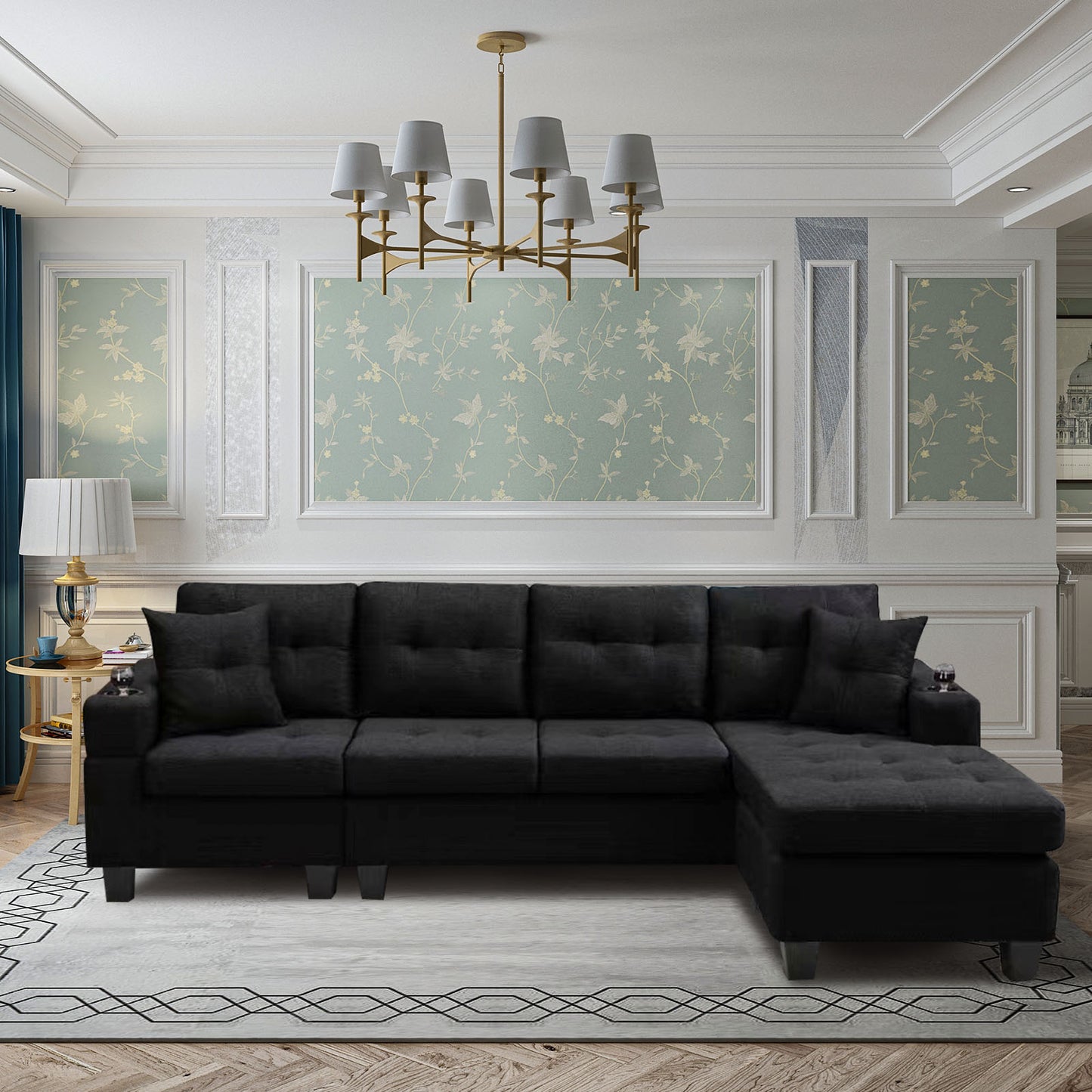 Tufted black fabric sectional sofa with chaise