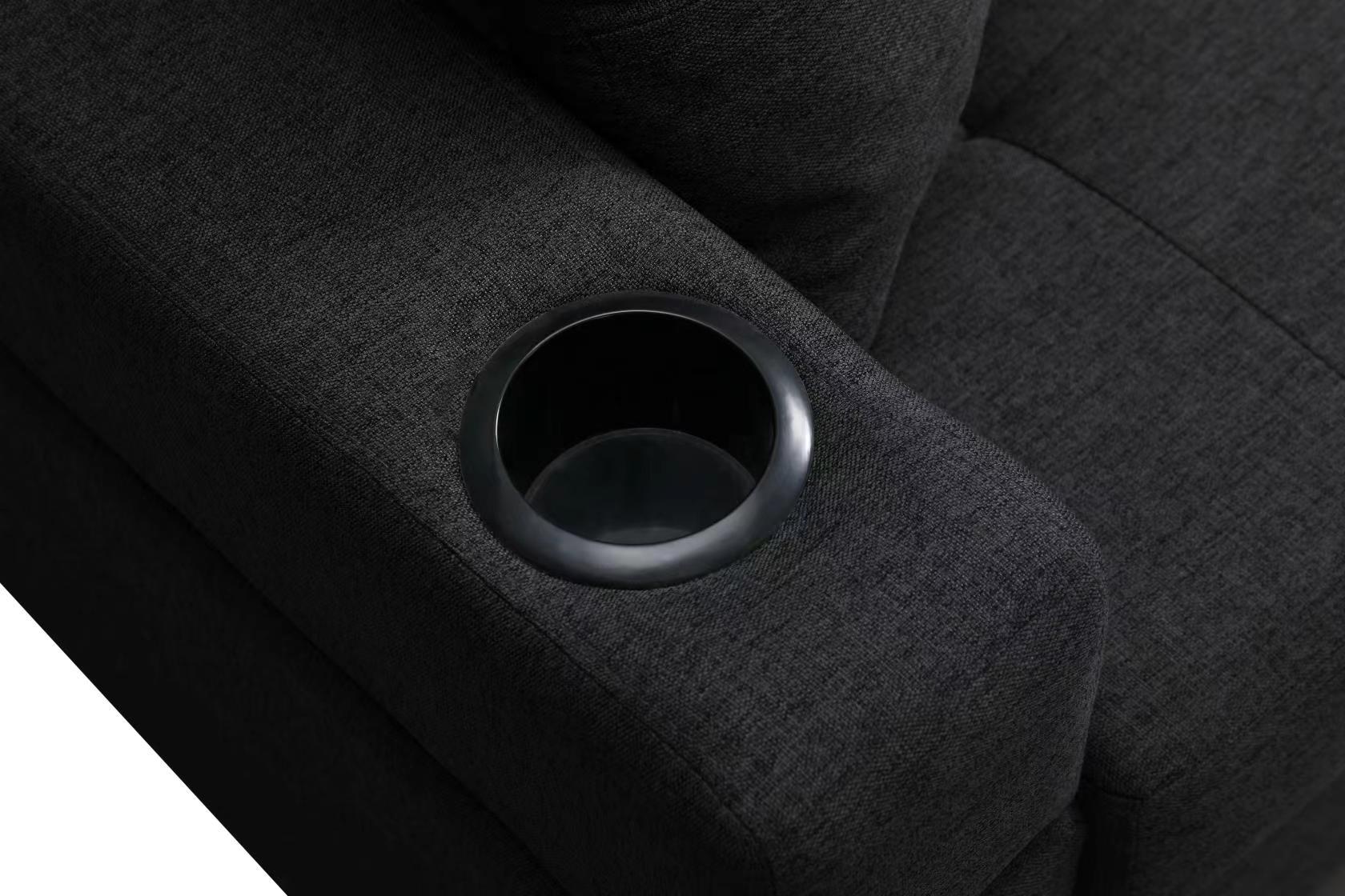 Dark gray fabric recliner armrest with builtin cup holder
