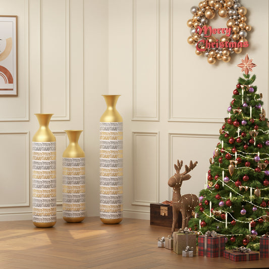 Set of three tall decorative vases with gold necks and chevron pattern