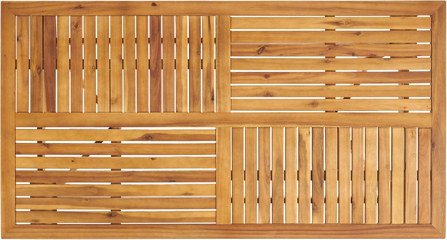 Acacia wood slatted coffee table top with natural finish and geometric plank pattern