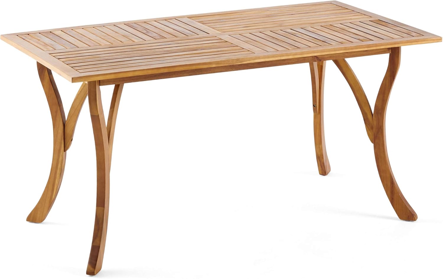 Rectangular natural wood dining table with slatted top and curved legs