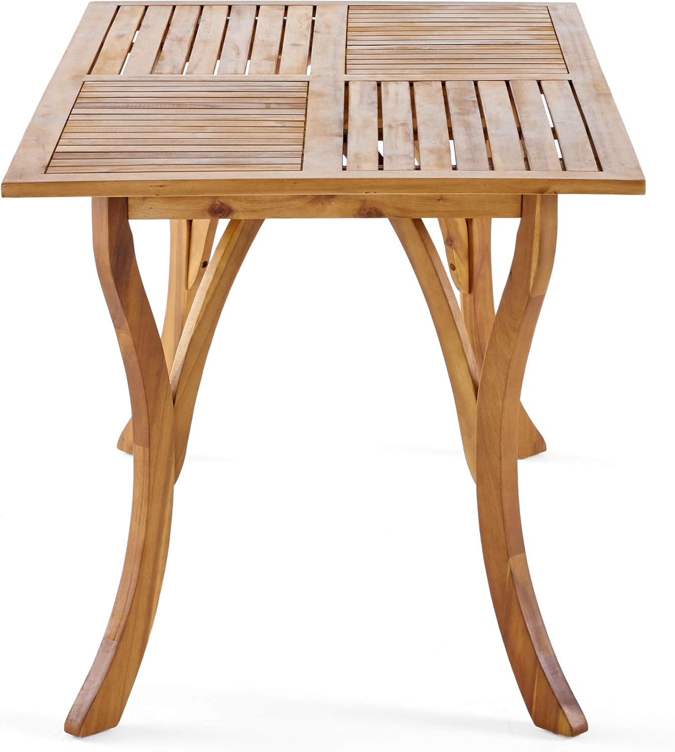Natural wood dining table with slatted top and curved legs for outdoor use