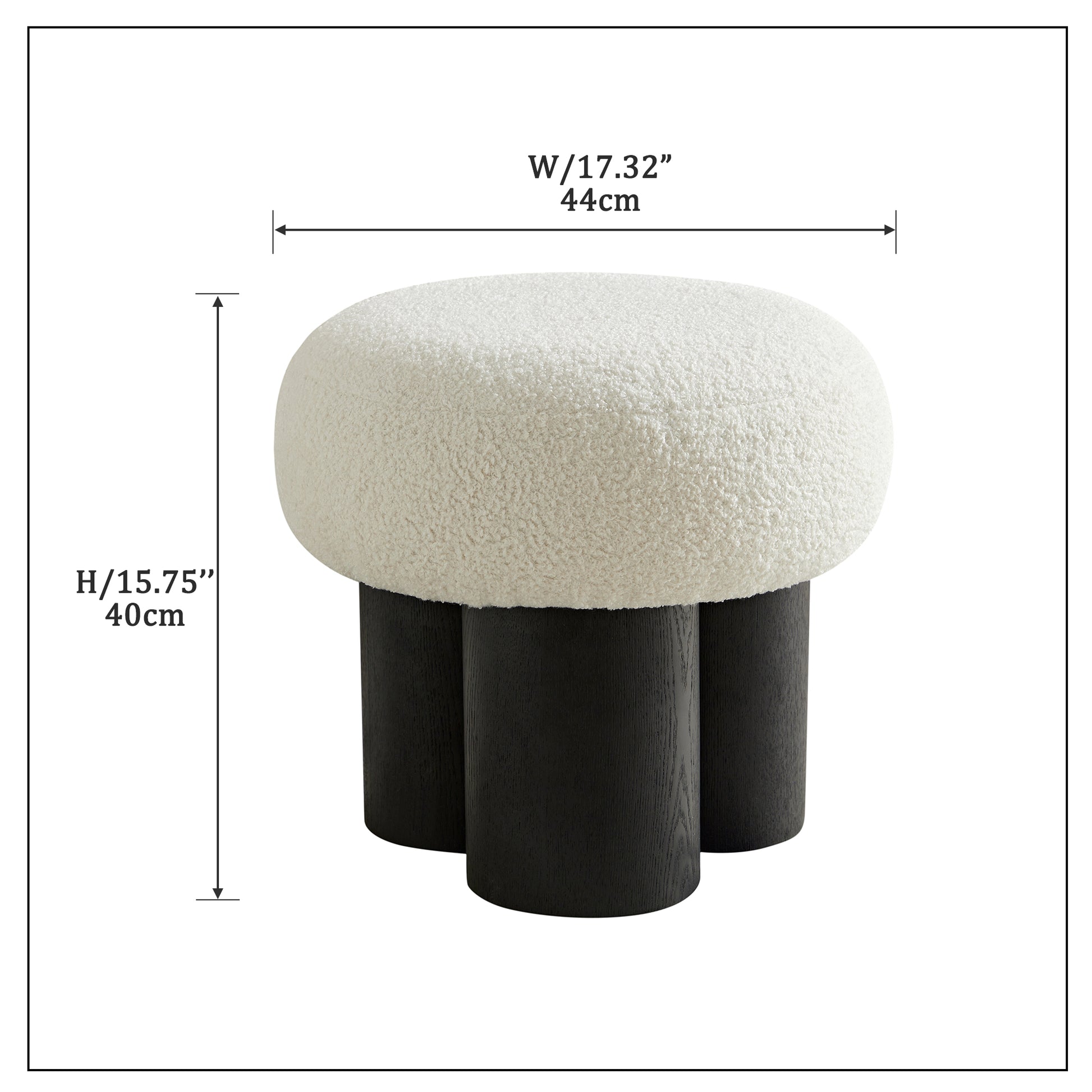 Cream boucl round ottoman with three black wooden legs