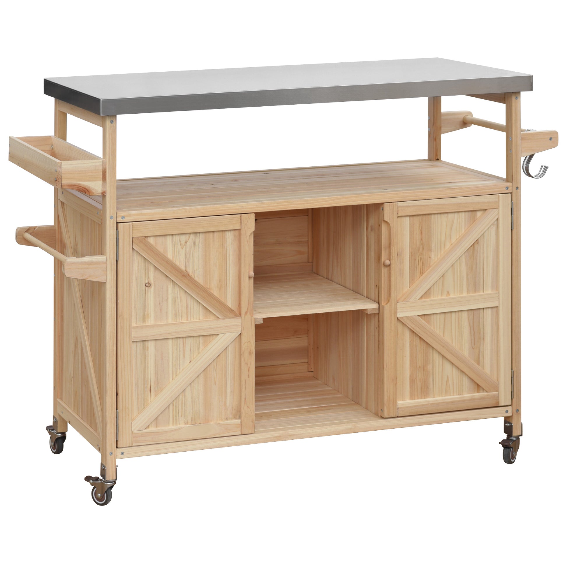 Wooden kitchen island with stainless steel top and barnstyle doors