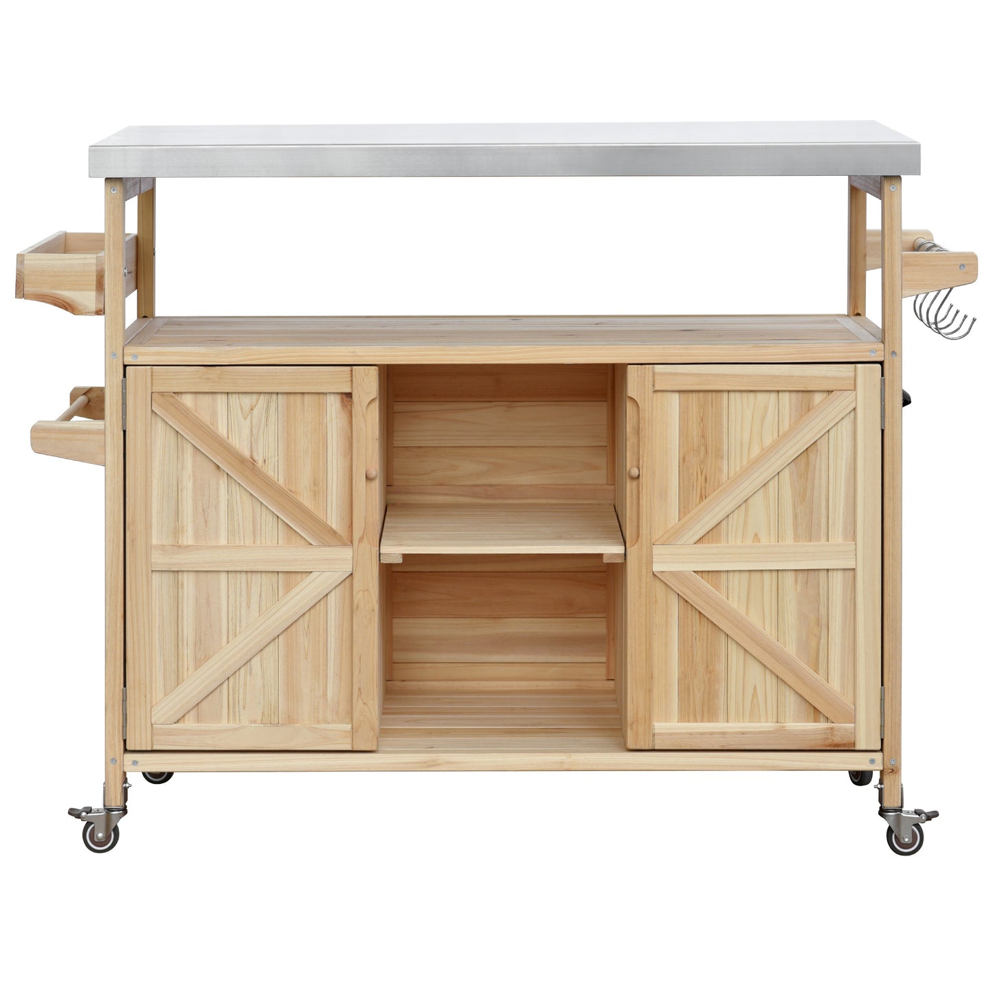 Wooden kitchen cart with stainless steel top and barnstyle doors