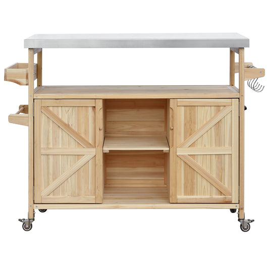 Wooden kitchen cart with stainless steel top and barnstyle doors