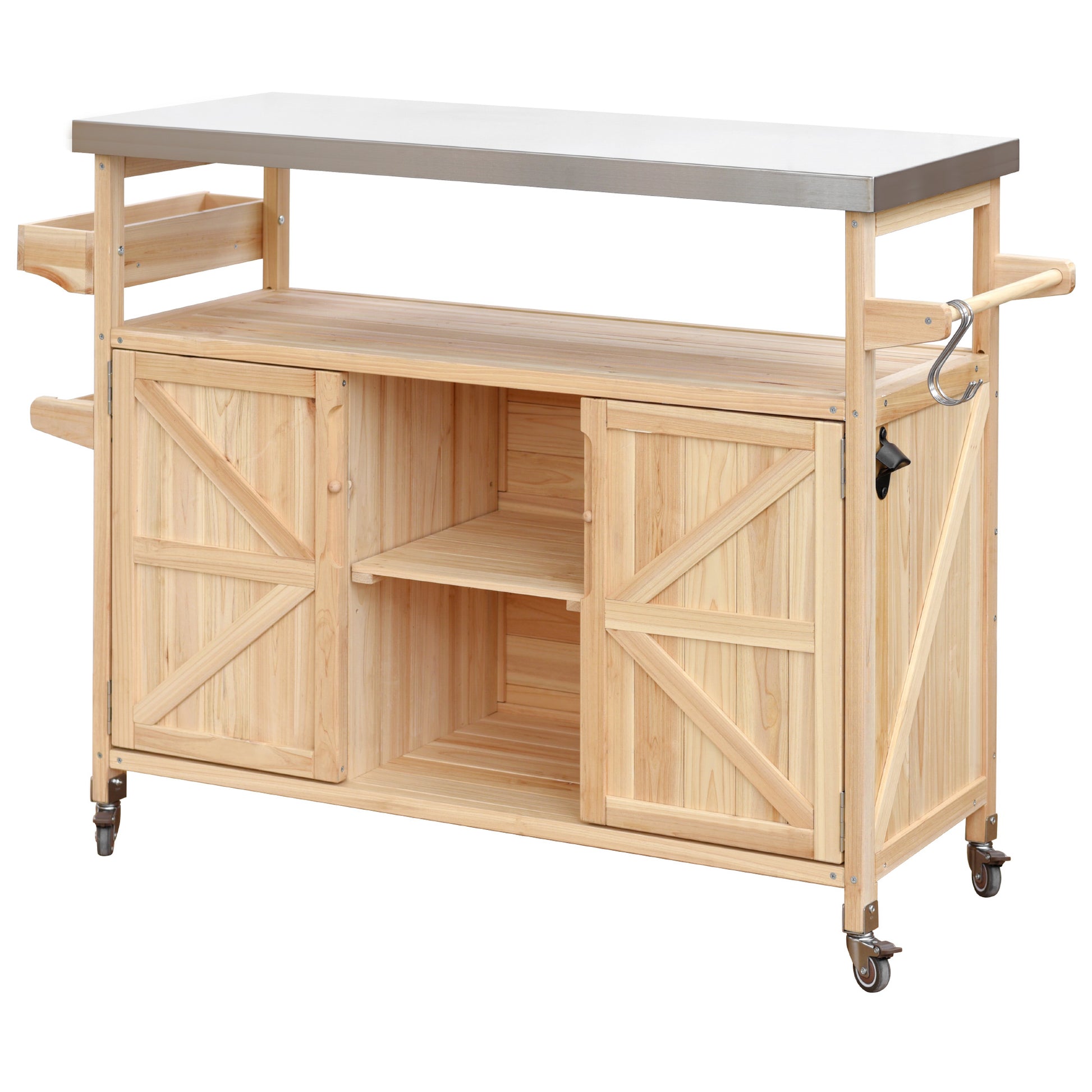 Light wood kitchen cart with stainless steel top and barn doors