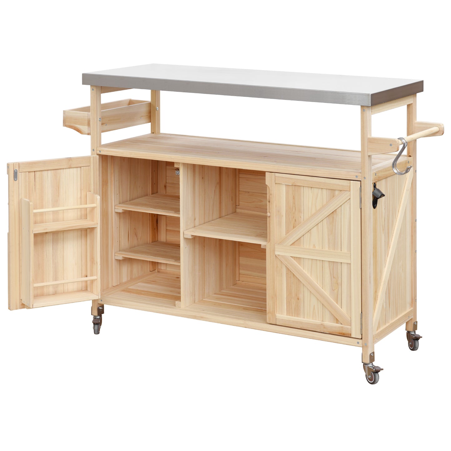 Wooden kitchen island cart with stainless steel top and open shelving