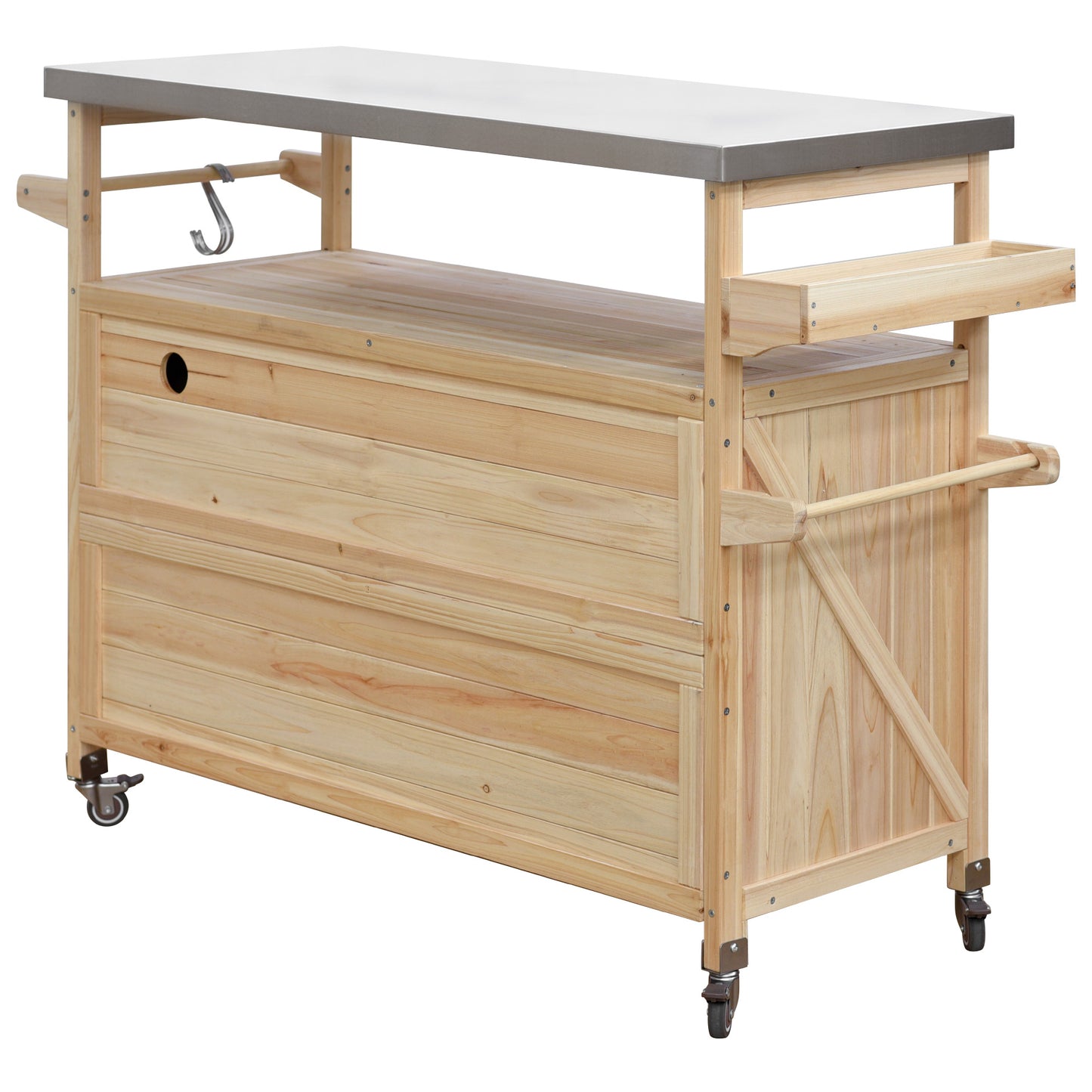 Wooden kitchen island with stainless steel top and wheels
