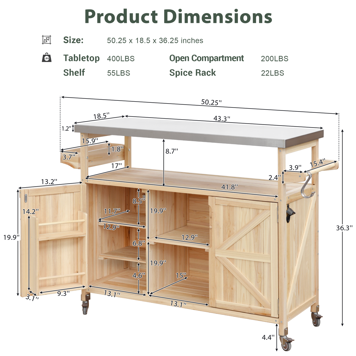 Wooden kitchen cart with stainless steel top and caster wheels