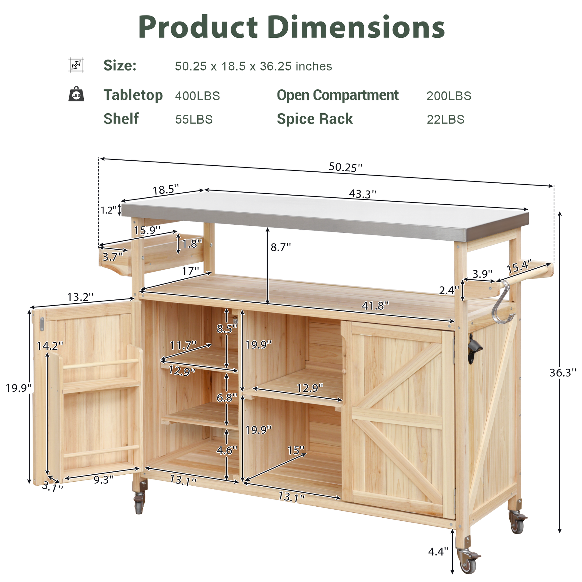 Wooden kitchen cart with stainless steel top and caster wheels