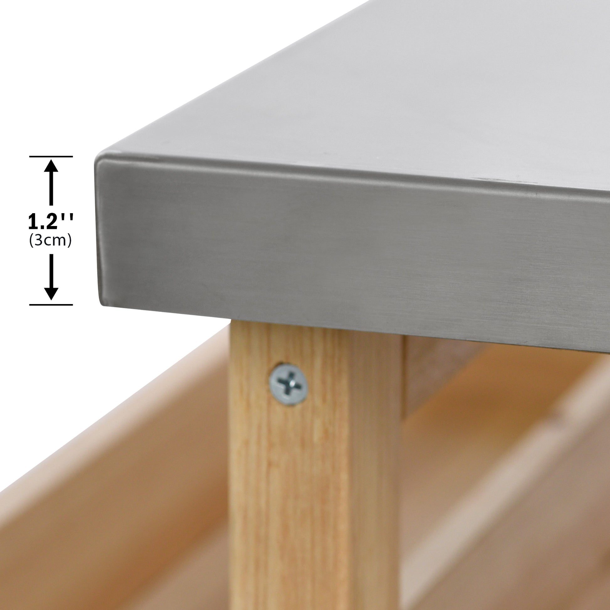 Closeup of brushed stainless steel shelf edge measuring  inches
