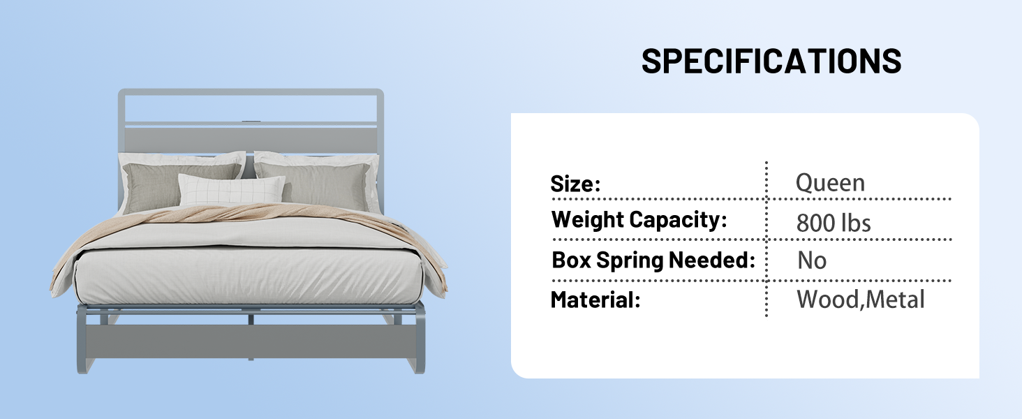 Grey metal queen bed frame with wood accents and upholstered headboard