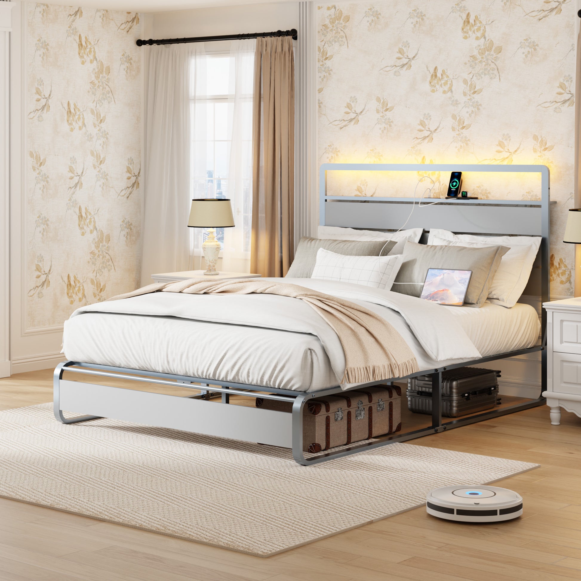 Modern grey metal platform bed frame with integrated LED headboard light and charging station