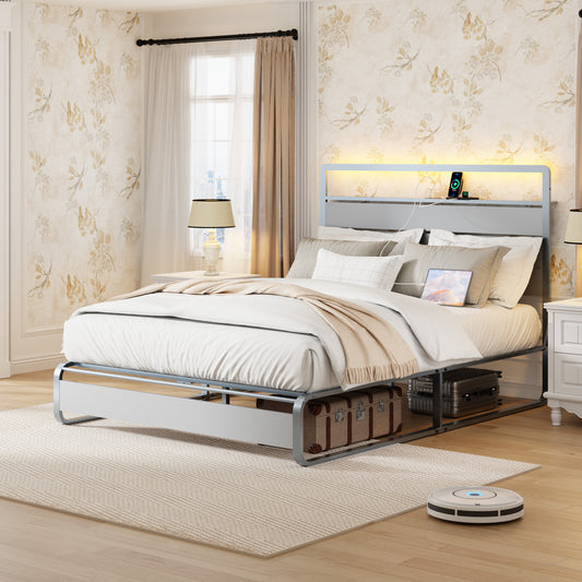 Modern grey metal platform bed frame with integrated LED headboard light and charging station