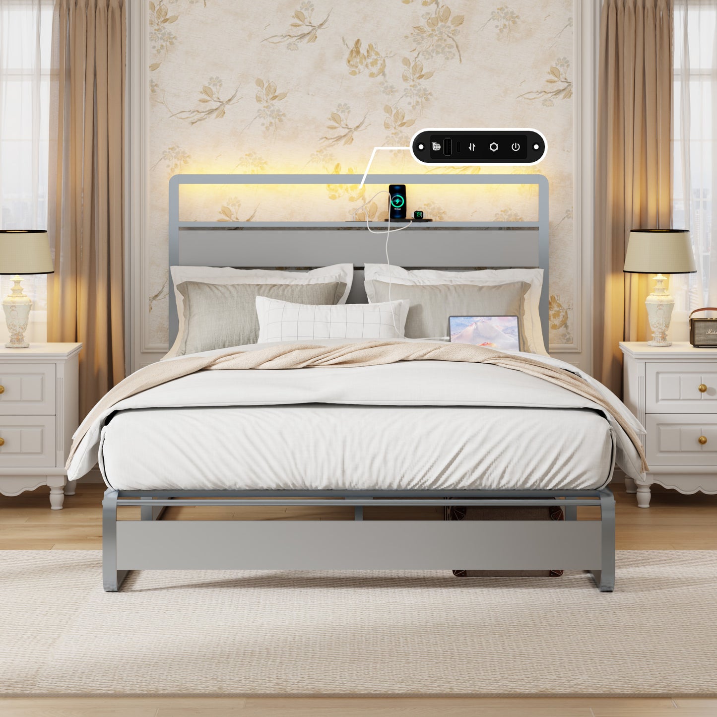 Modern gray metal bed frame with integrated charging station and LED headboard light