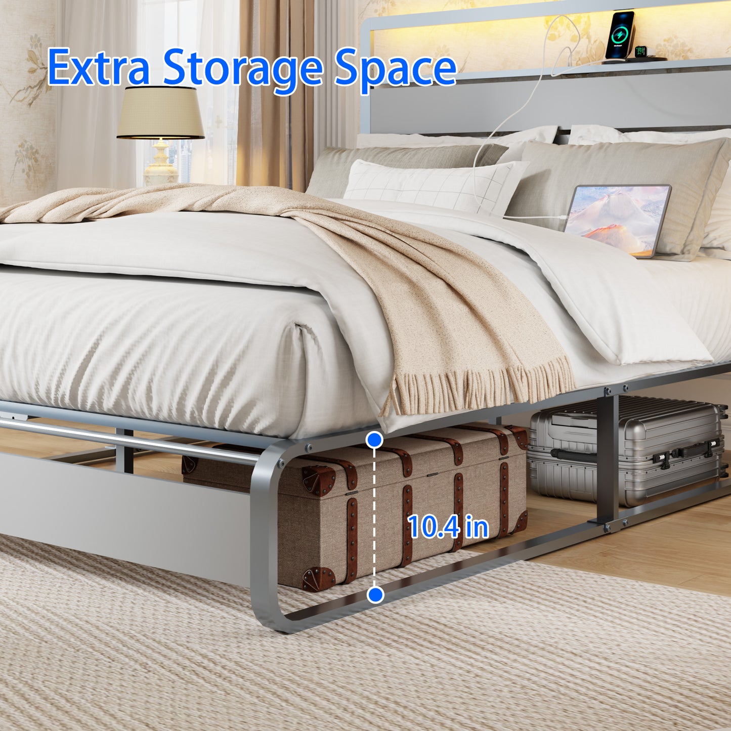 Modern platform bed frame with builtin charging station and ample underbed storage