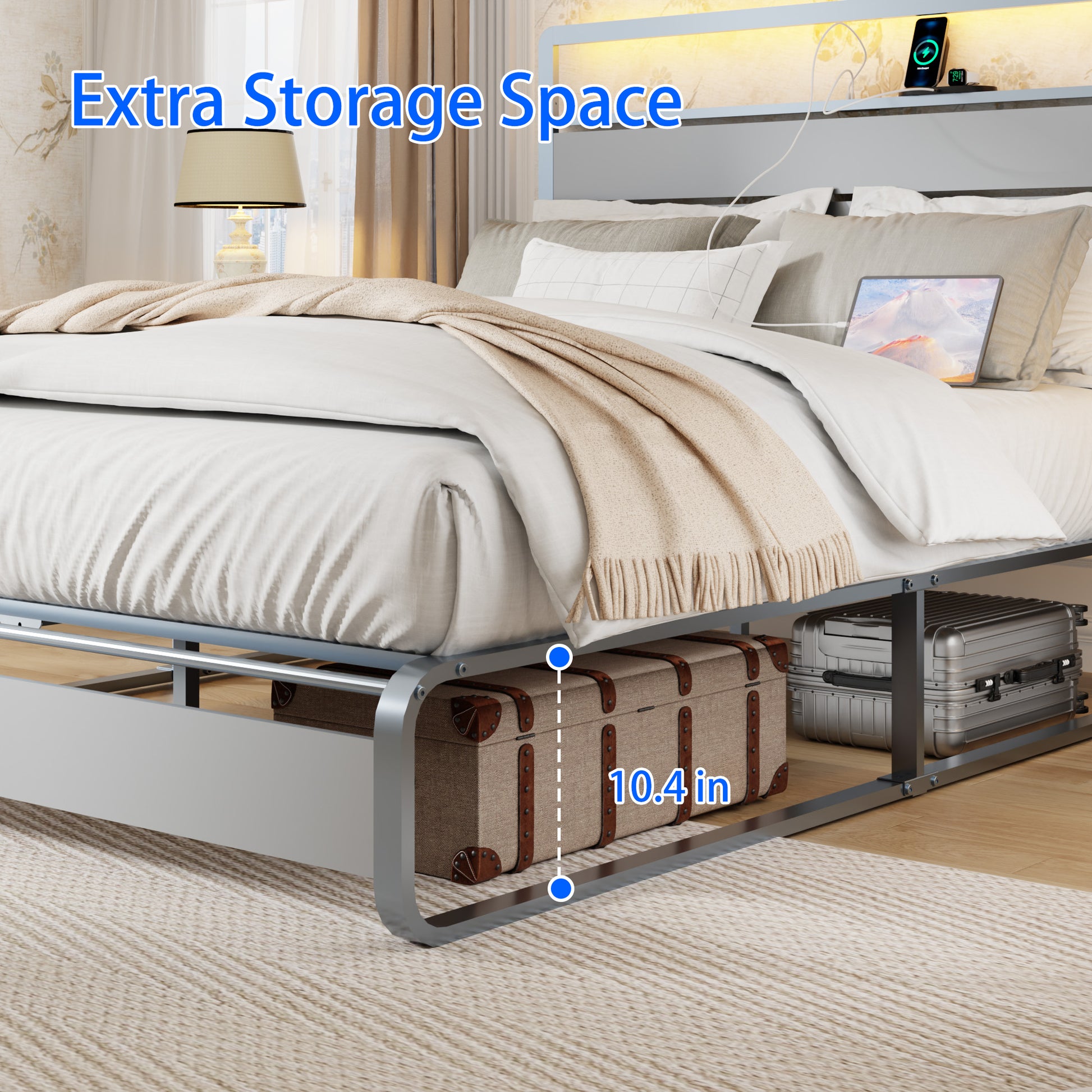 Modern platform bed frame with builtin charging station and ample underbed storage