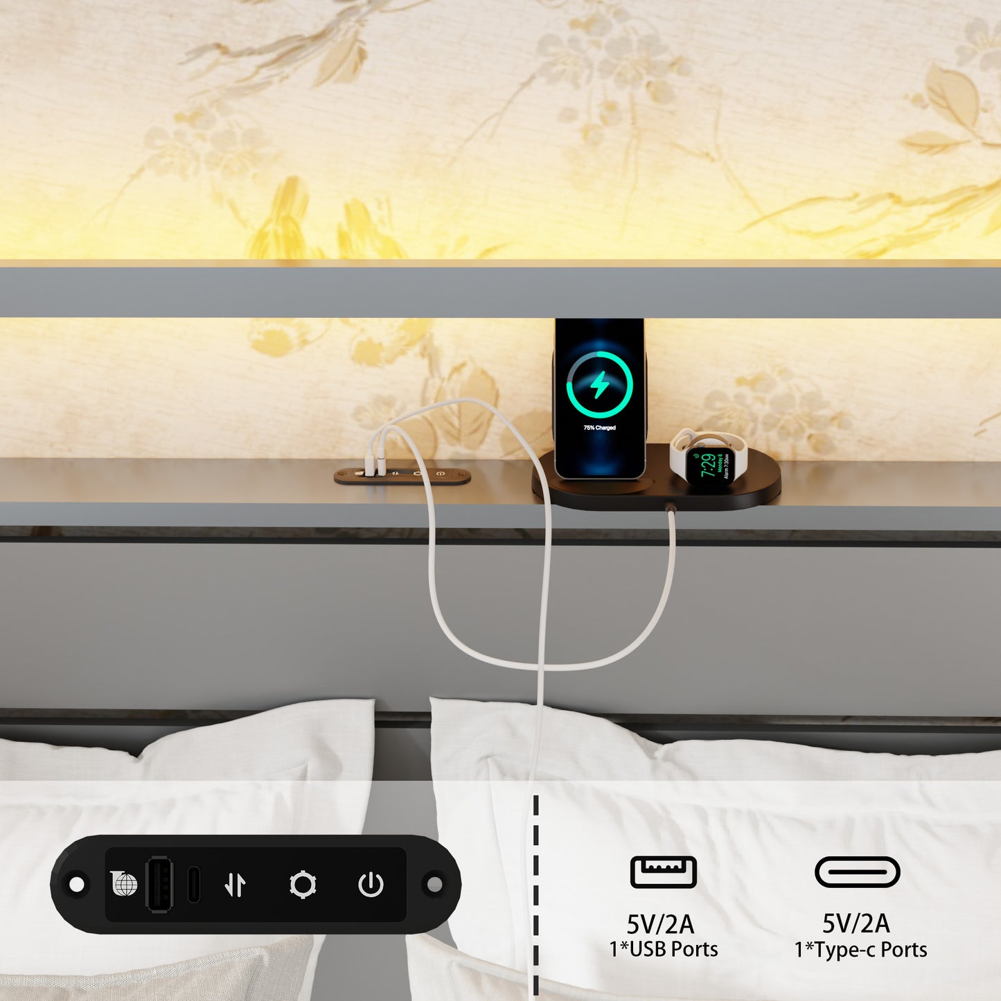 Black bedside charging hub with one USBA and one USBC port