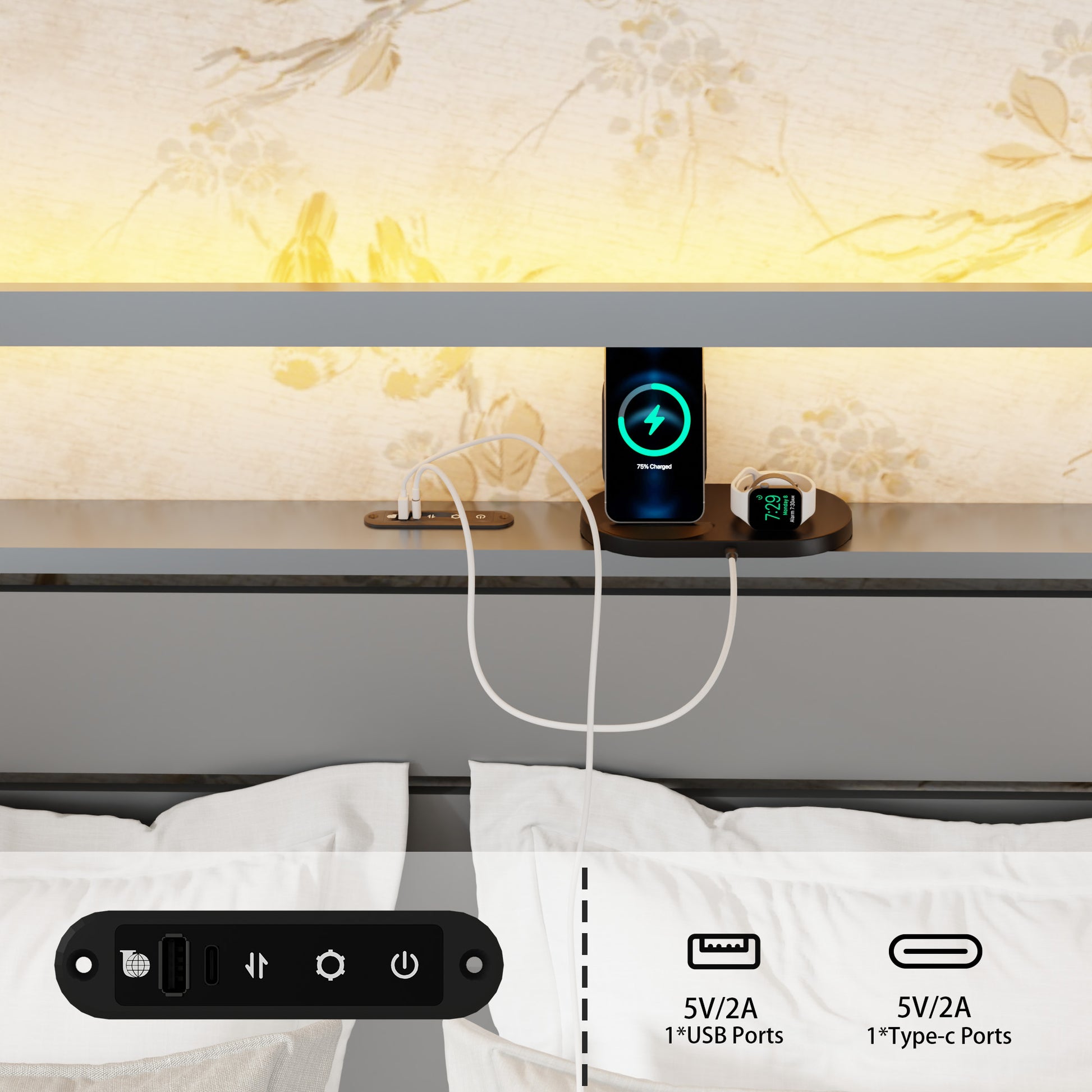 Black bedside charging hub with one USBA and one USBC port