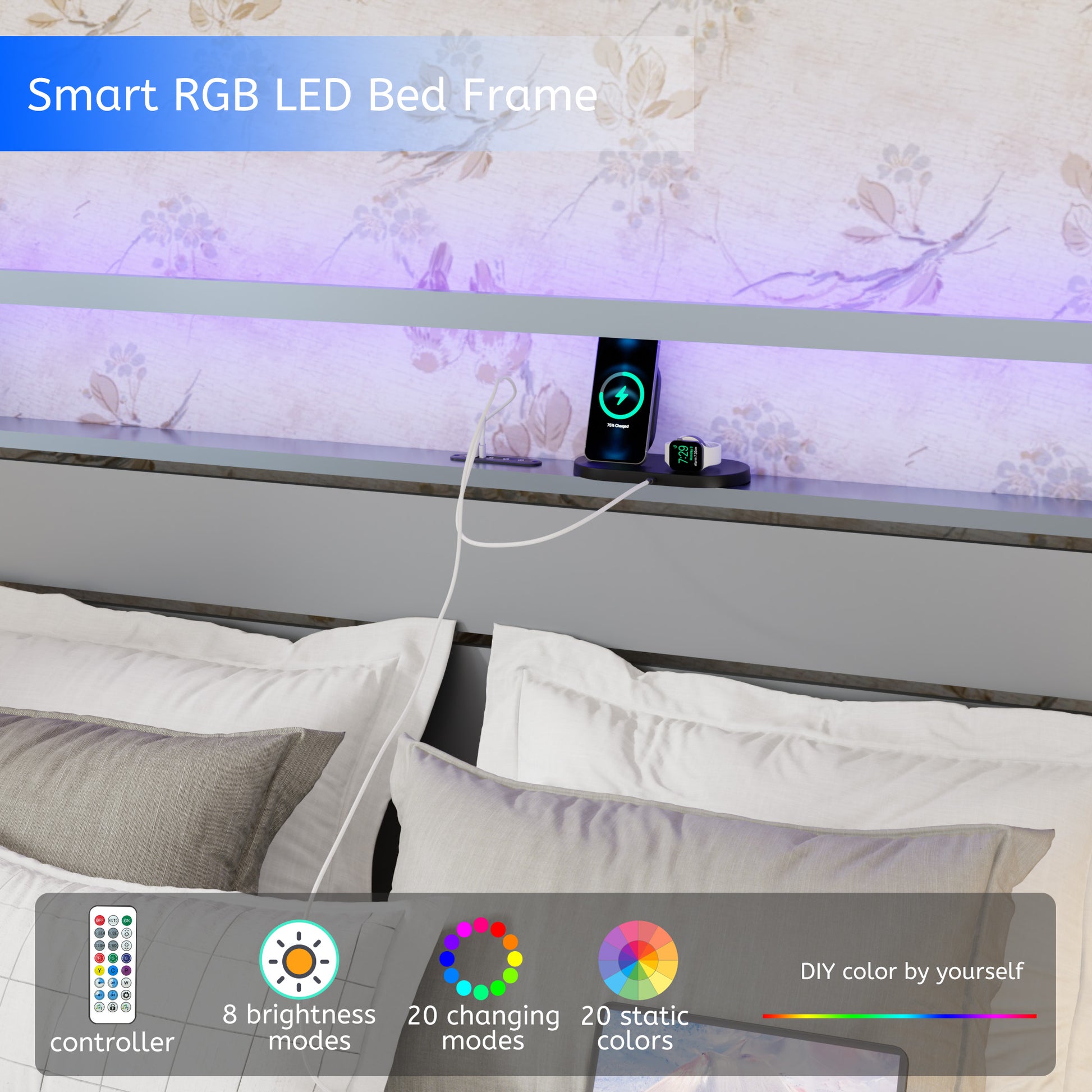 Modern grey smart RGB LED bed frame with integrated charging station and ambient lighting