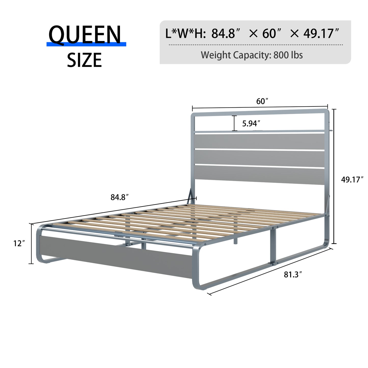 Grey metal queen size platform bed frame with slatted support  L