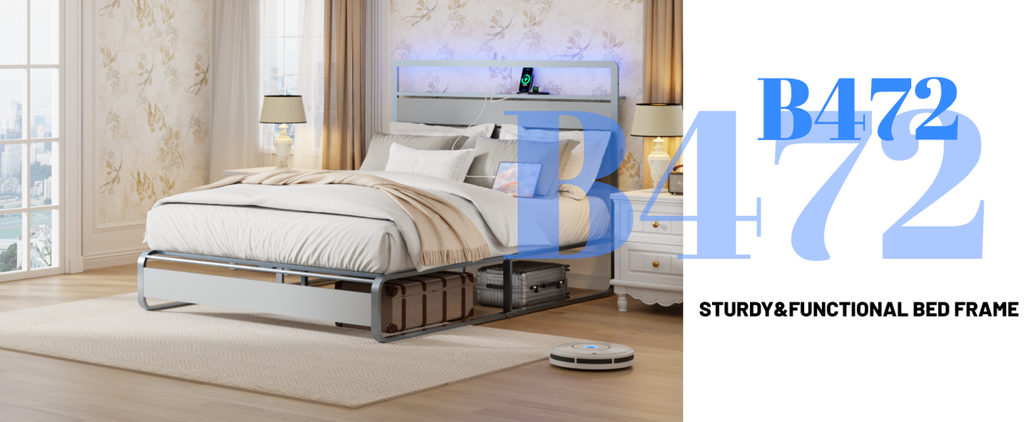 Modern gray metal bed frame with integrated LED headboard and builtin charging station
