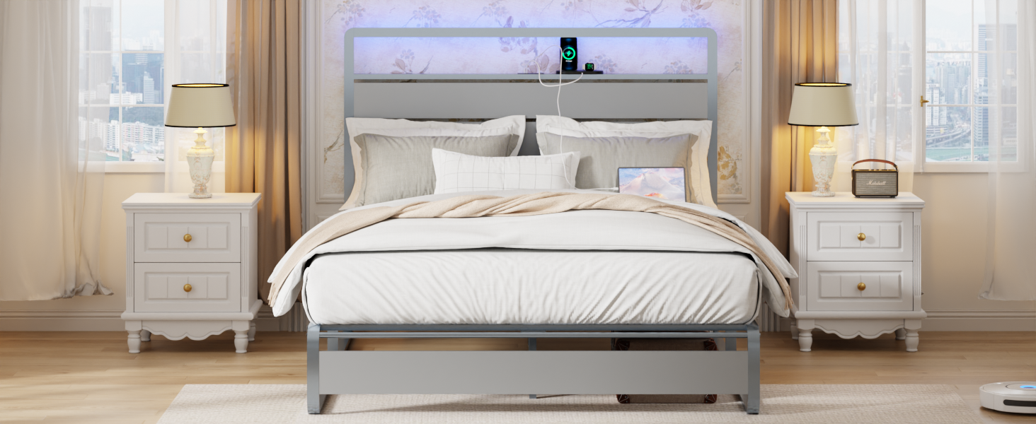 Modern grey metal bed frame with integrated LED headboard lighting and charging station