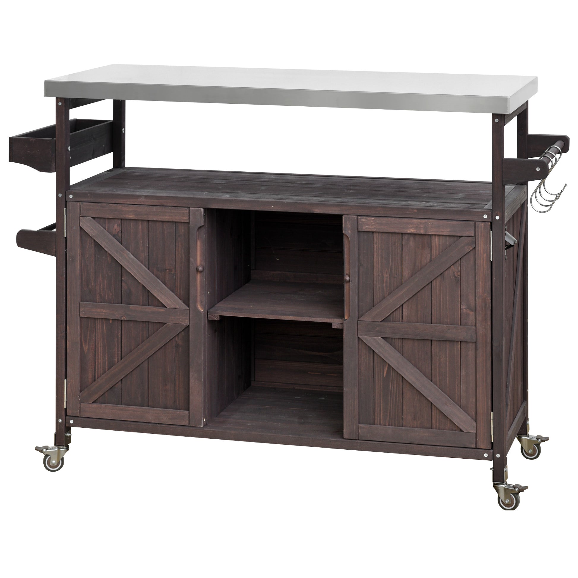 Rustic dark wood kitchen island with stainless steel top and wheels