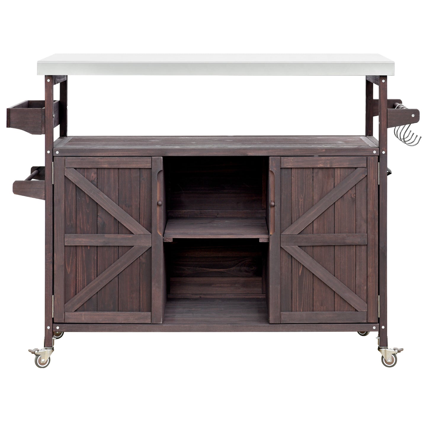 Dark wood rolling bar cart with white countertop and barn doors
