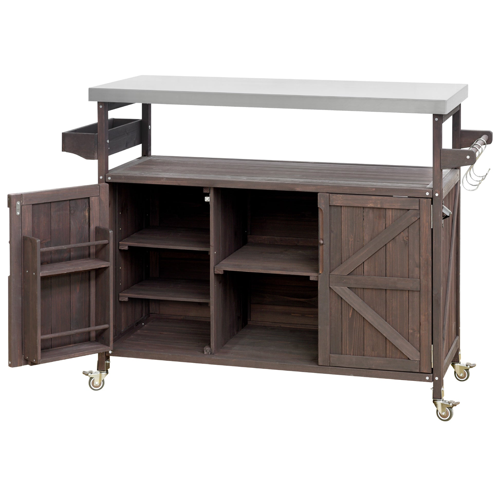 Dark wood kitchen island cart with stainless steel top and caster wheels
