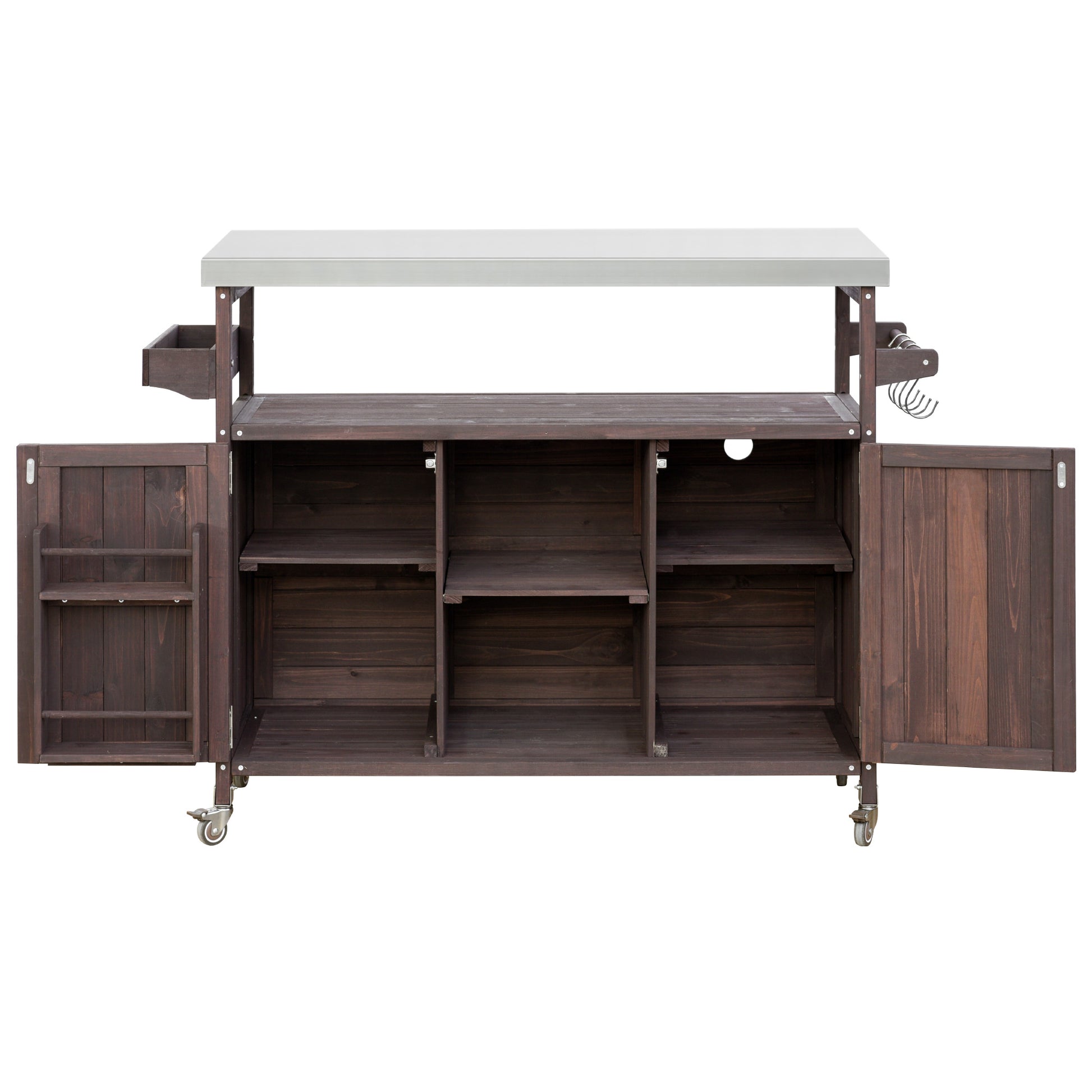 Dark wood kitchen island cart with white countertop and open cabinet doors