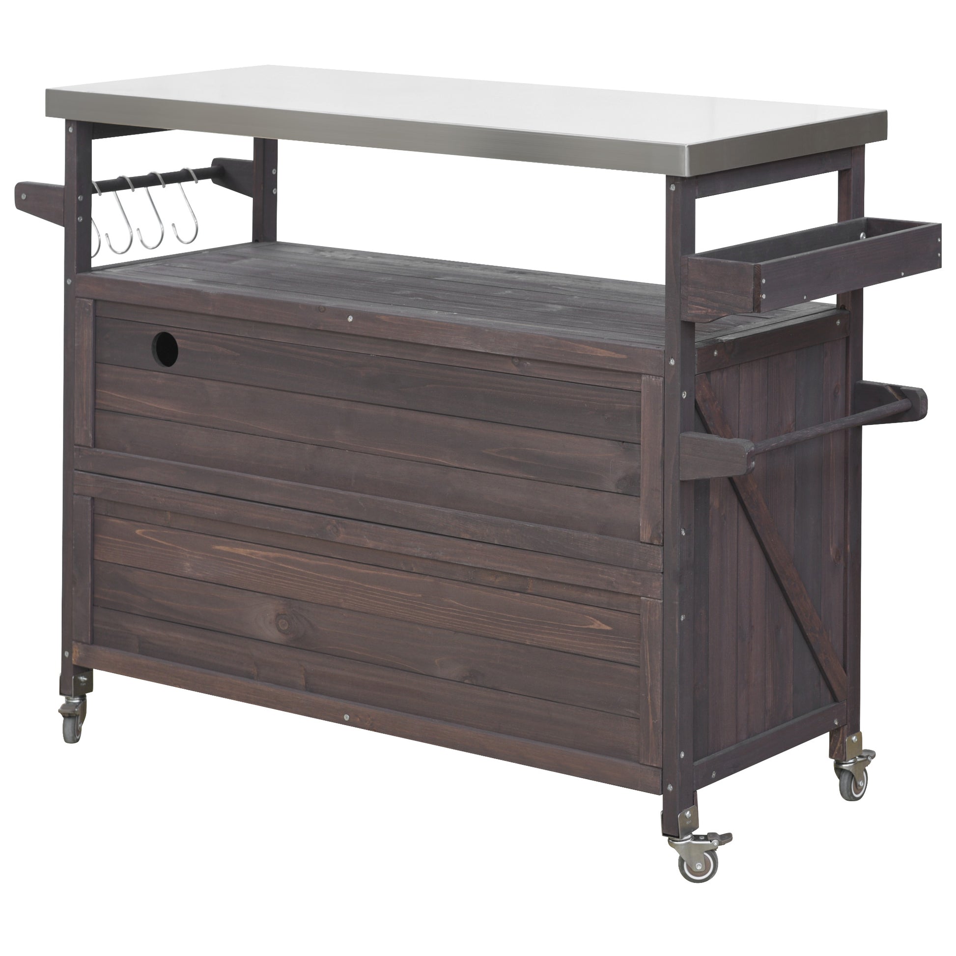Dark wood kitchen island with stainless steel top and hanging hooks