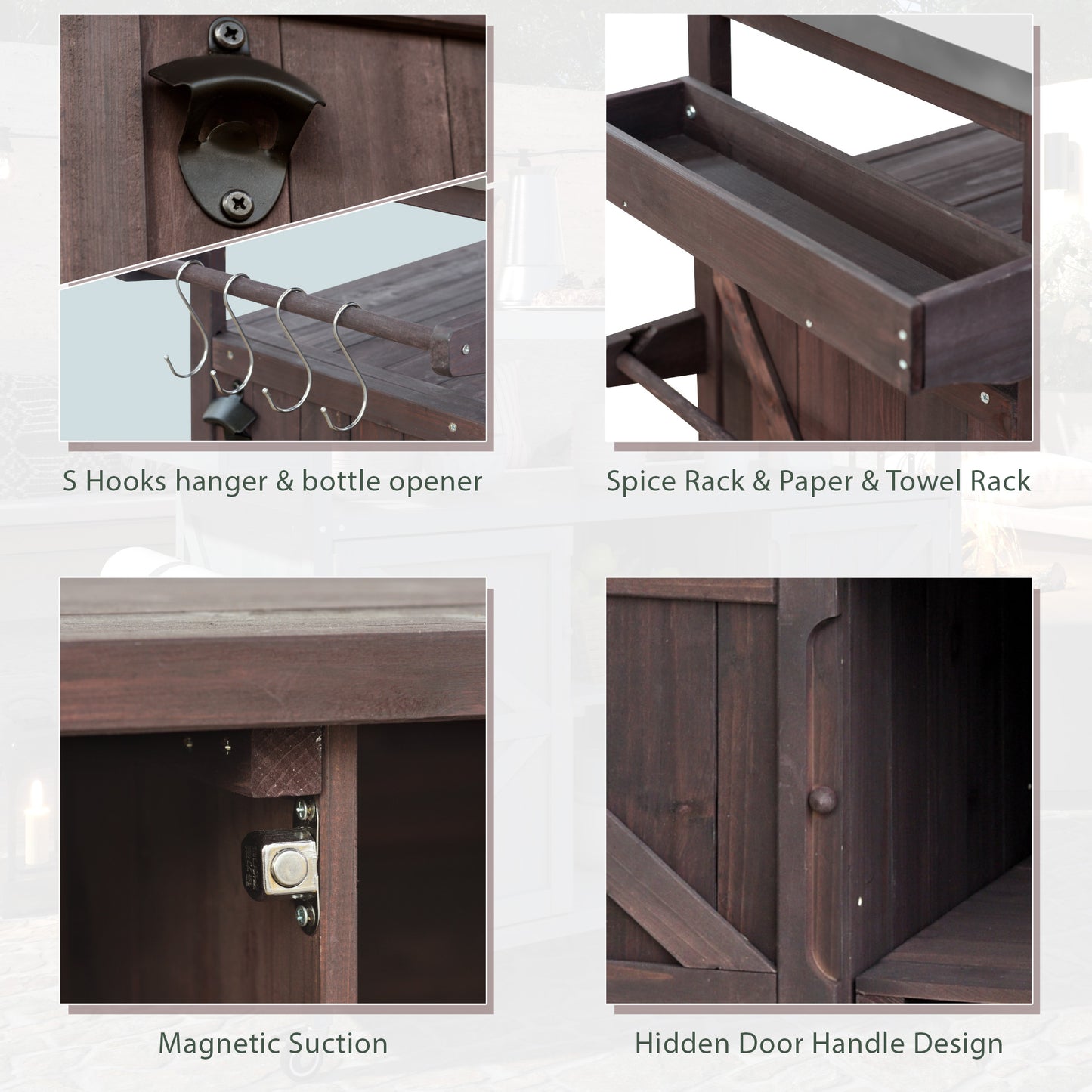 Dark wood outdoor kitchen cart with builtin bottle opener and S hooks