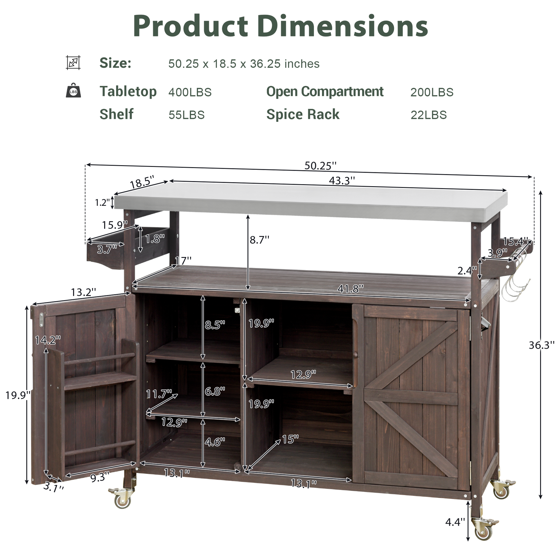 Dark wood kitchen island with stainless steel top  W x  H offering ample storage