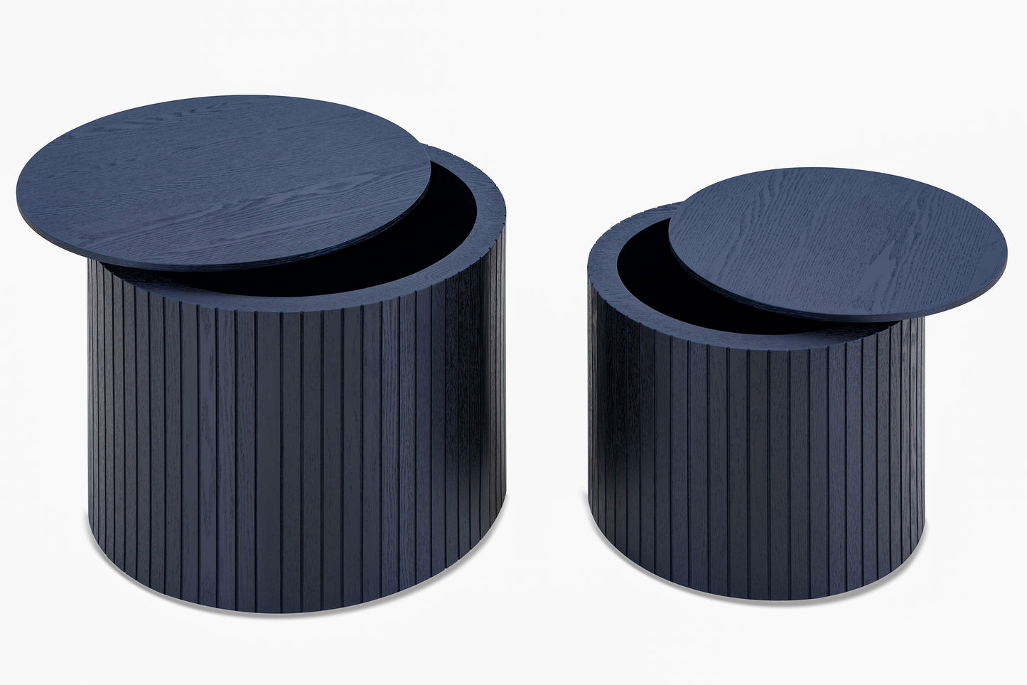 Two dark blue ribbed accent tables one taller than the other with removable round tops