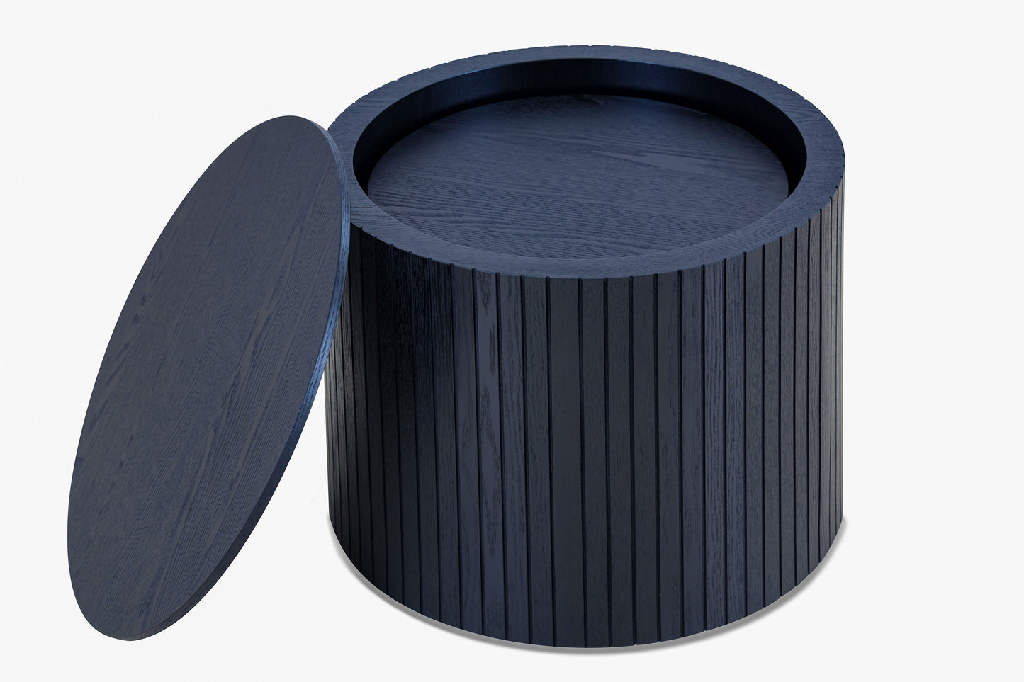 Dark blue slatted oak drum storage ottoman with removable lid