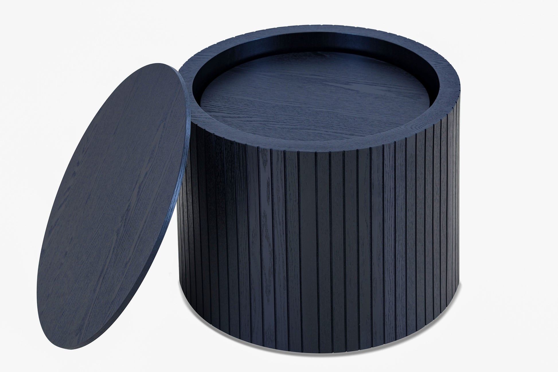 Dark blue slatted oak drum storage ottoman with removable lid