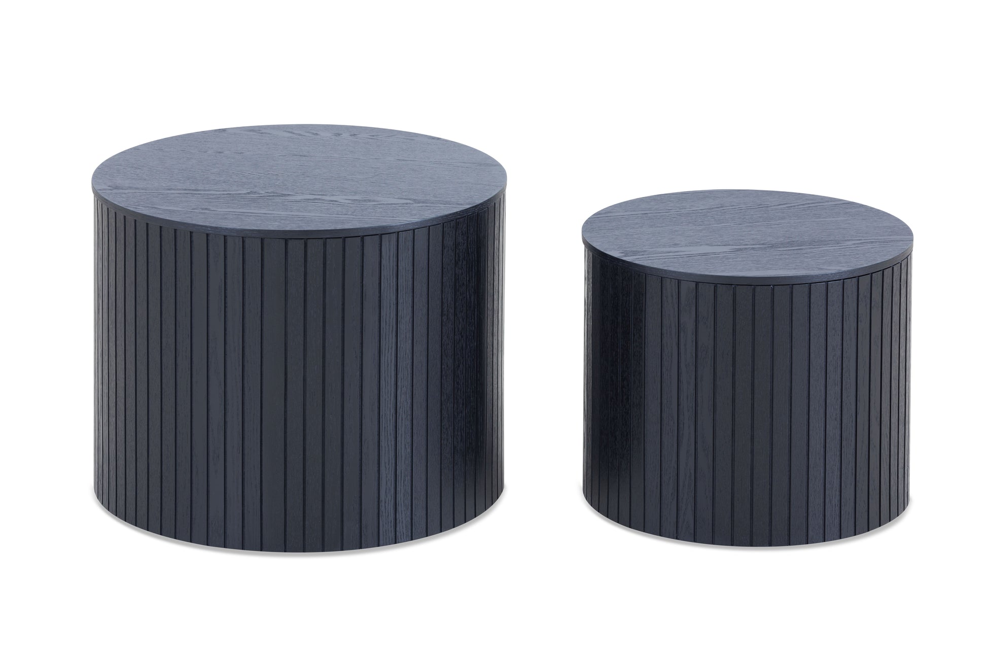 Set of two round dark wood accent tables with fluted sides