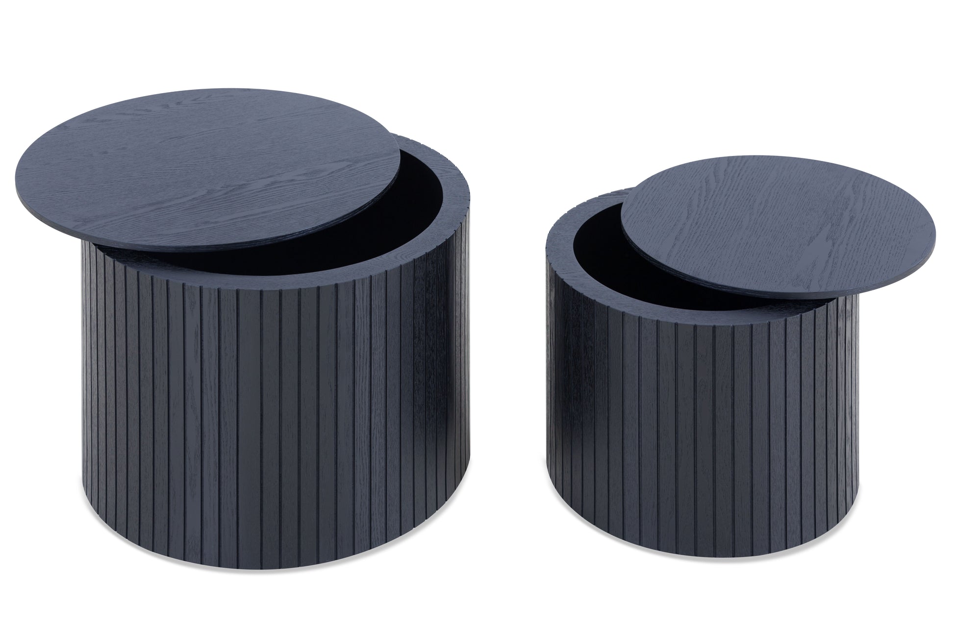 Set of two dark gray wooden storage drums with ribbed texture and round lids