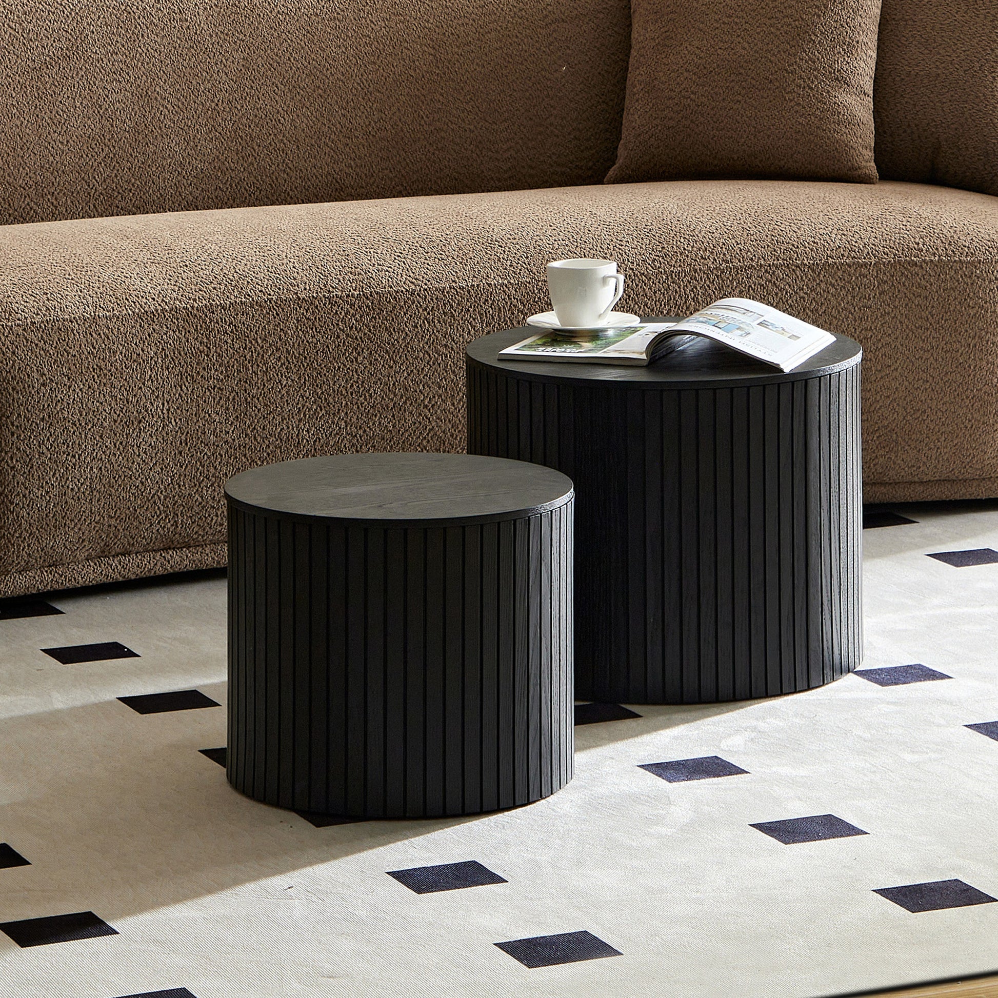 Modern black wooden side table with ribbed texture
