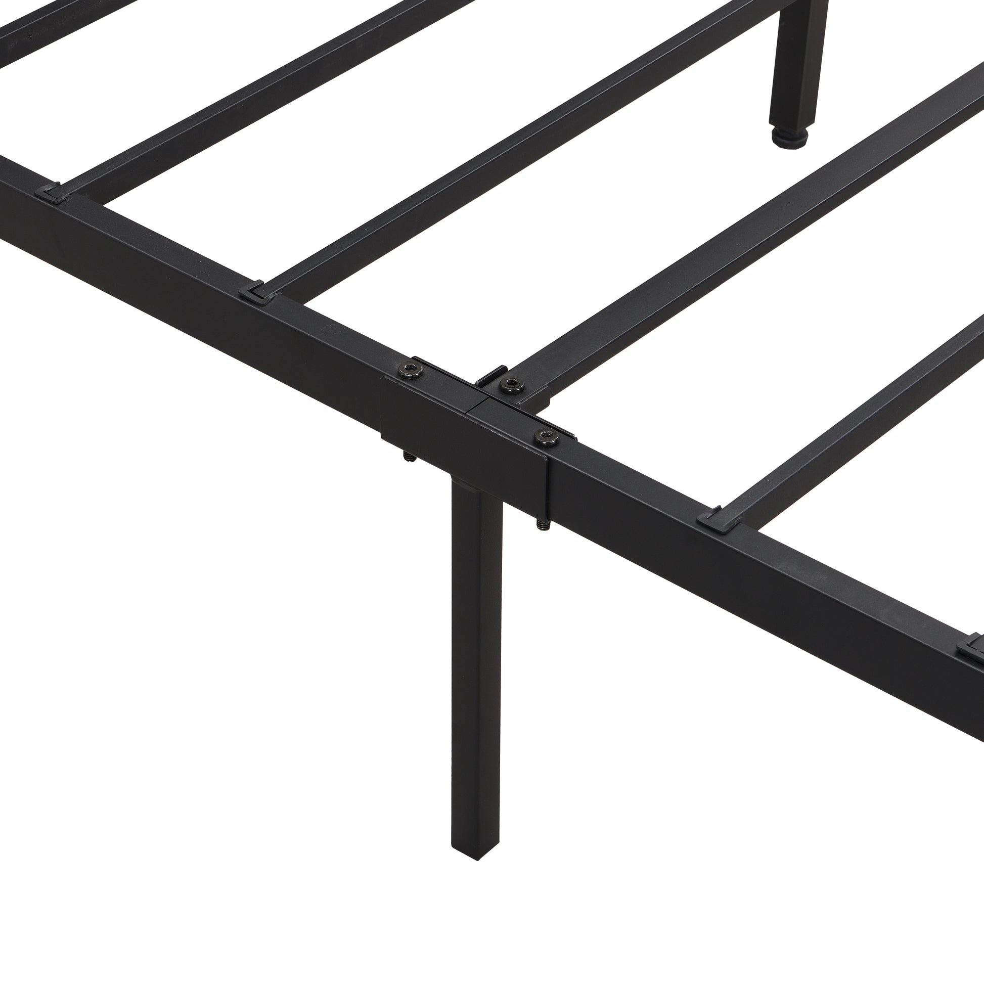 Closeup of a black metal bed frames sturdy slat system showing its robust construction for mattress support