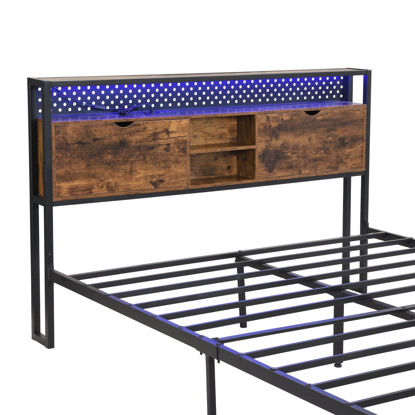 Industrial queen bed frame with builtin storage drawers and blue LED lights