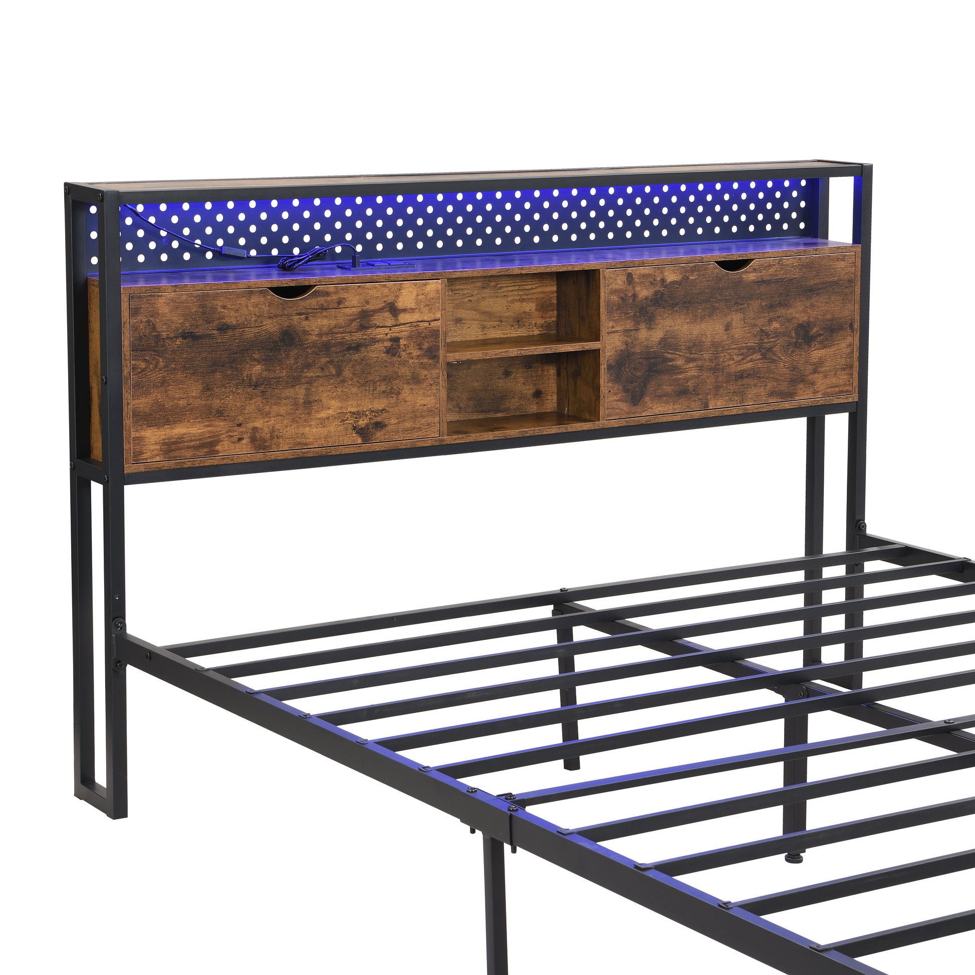 Industrial queen bed frame with builtin storage drawers and blue LED lights