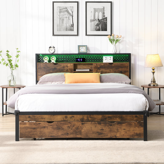 Rustic brown particle board storage bed frame with black metal accents and LED headboard lighting