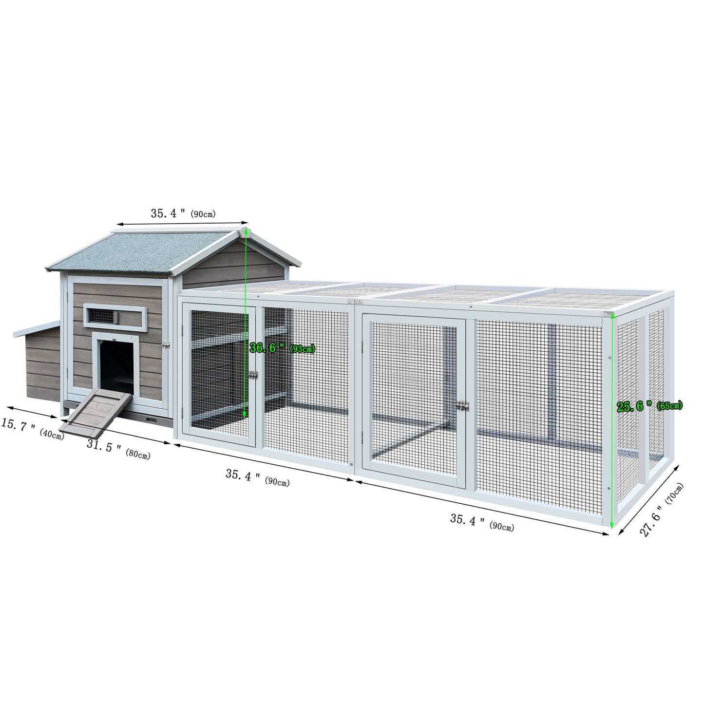 Large outdoor chicken coop with nesting box and run grey wood finish
