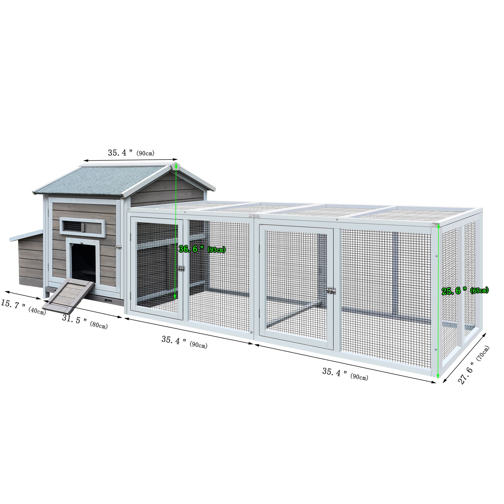 Large outdoor chicken coop with nesting box and run grey wood finish